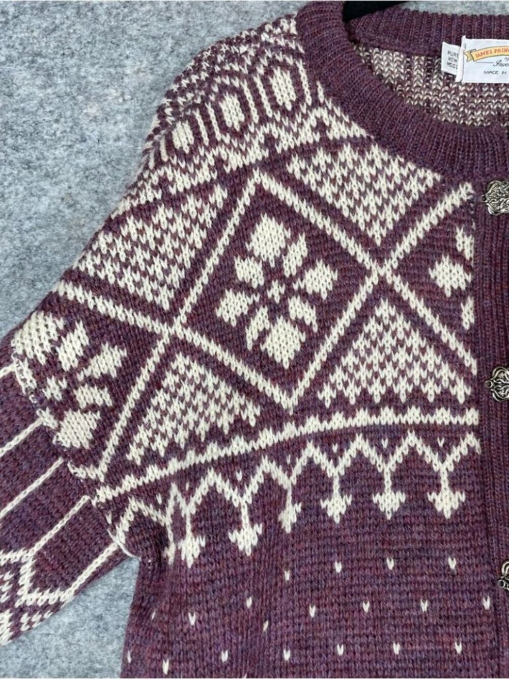 James Pringle Weavers Wool Cardigan Purple Nordic Fair Isle Cottagecore Medium - Picture 4 of 15